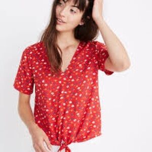 Madewell Red Ditsy Floral Tie Front Boho Cottagecore Blouse